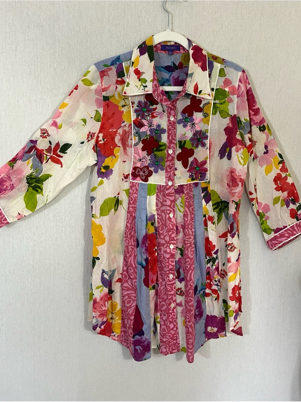 Indikka Patchwork Floral Embroidered Button Down Tunic Top Mini Dress